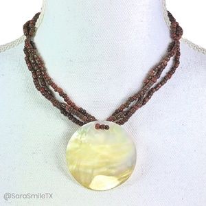 HANDMADE Boho Brown Beaded Ivory Genuine Abalone Shell Pendant Necklace